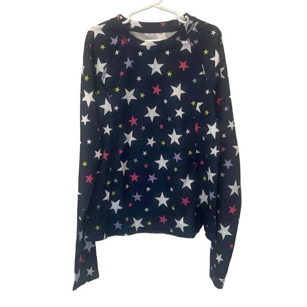 LANDS END Girls long sleeve Rash Guard Shirt Size 10-12 Navy Blue Stars